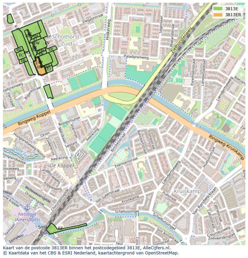 Afbeelding van het postcodegebied 3813 ER op de kaart.