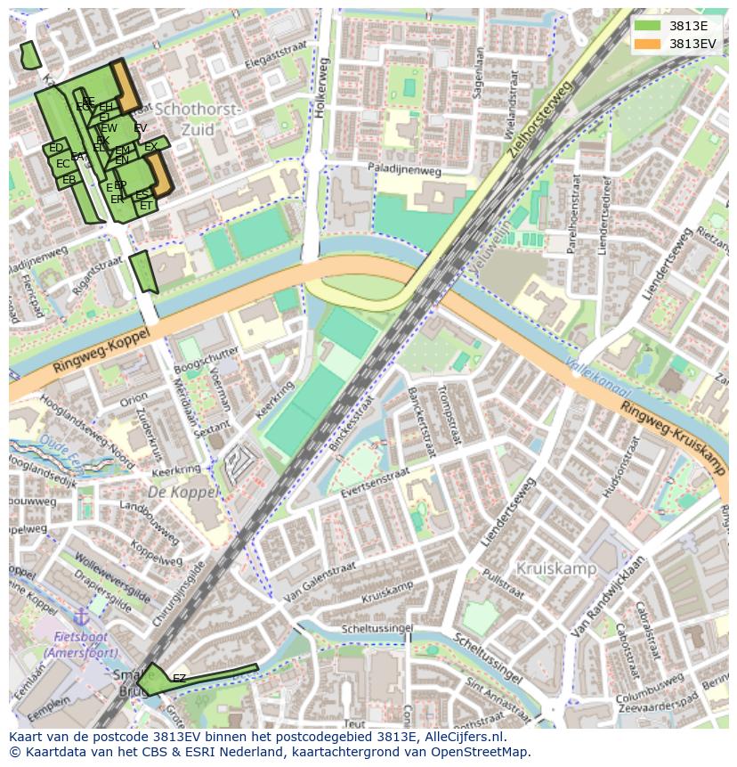 Afbeelding van het postcodegebied 3813 EV op de kaart.