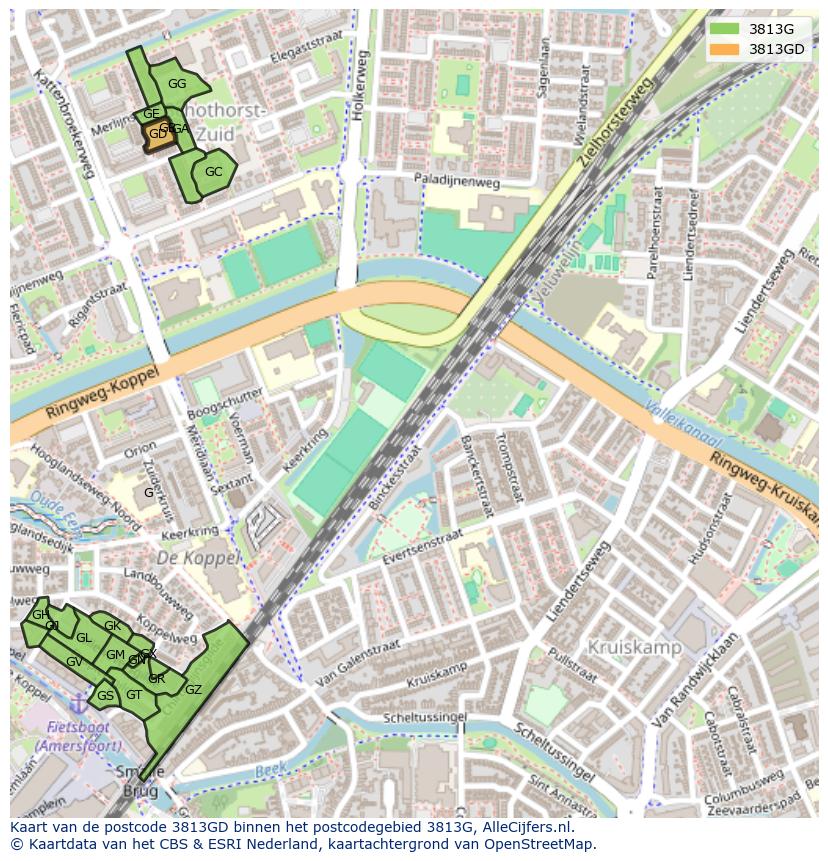 Afbeelding van het postcodegebied 3813 GD op de kaart.
