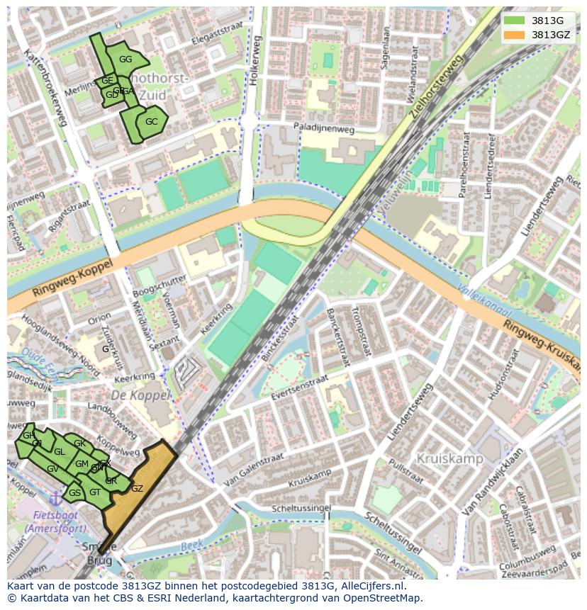 Afbeelding van het postcodegebied 3813 GZ op de kaart.