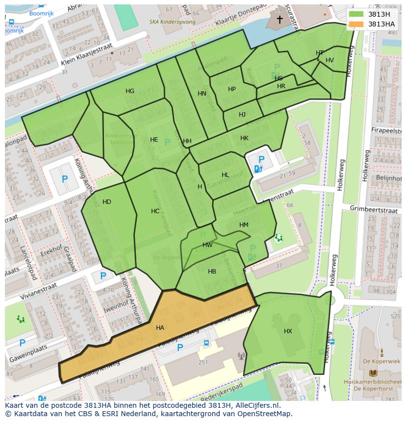 Afbeelding van het postcodegebied 3813 HA op de kaart.