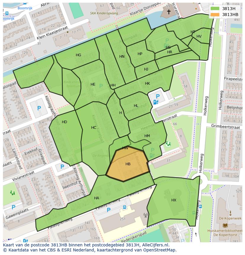Afbeelding van het postcodegebied 3813 HB op de kaart.
