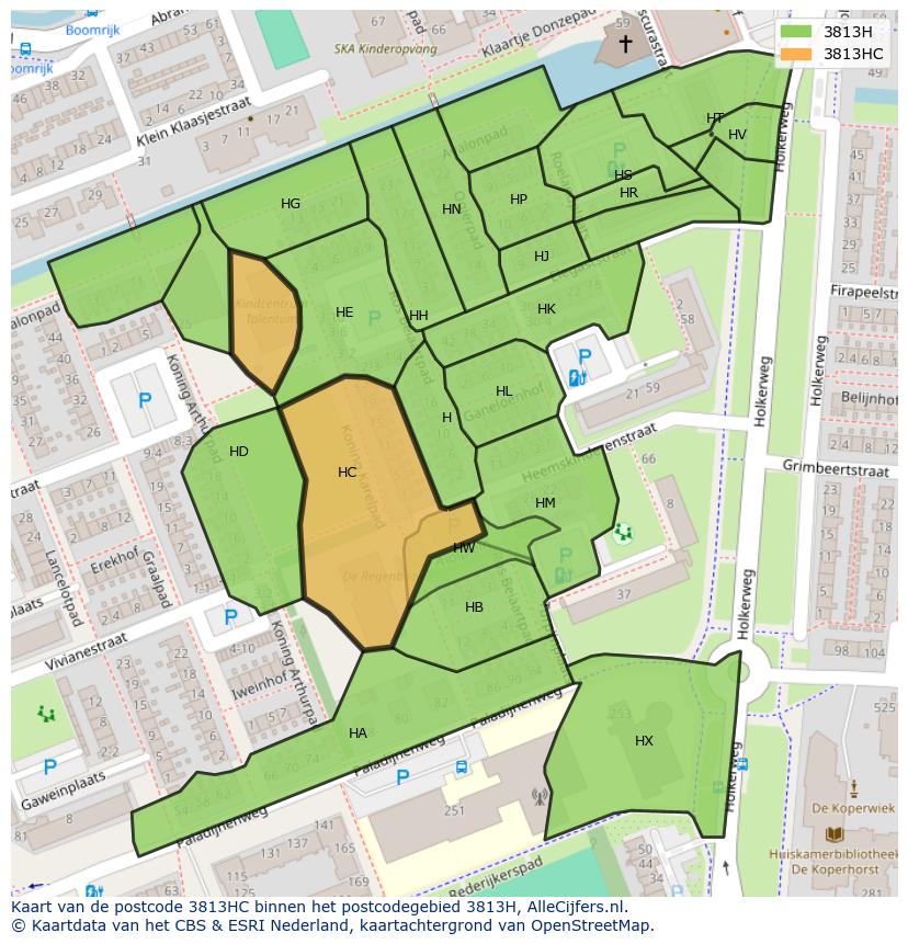 Afbeelding van het postcodegebied 3813 HC op de kaart.