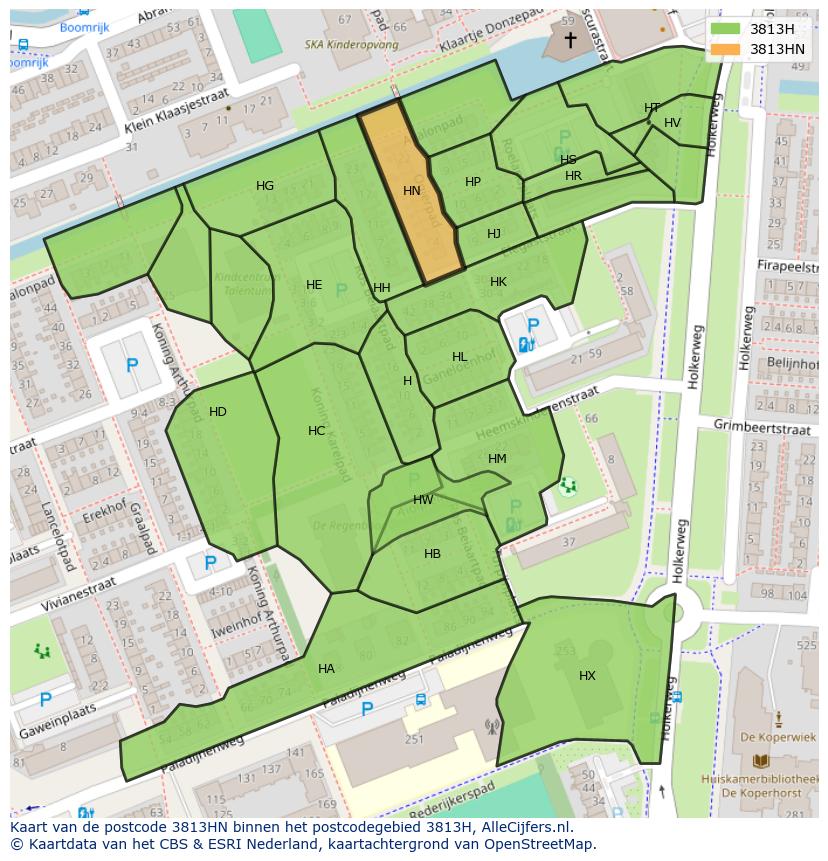 Afbeelding van het postcodegebied 3813 HN op de kaart.