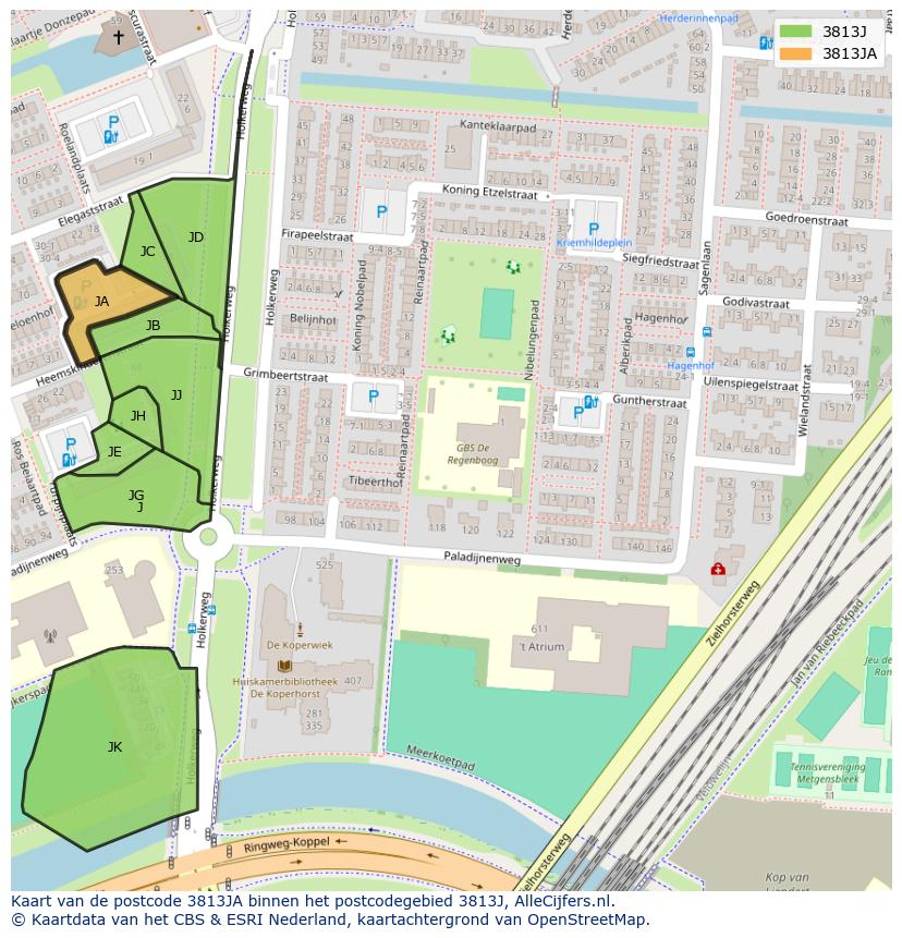 Afbeelding van het postcodegebied 3813 JA op de kaart.