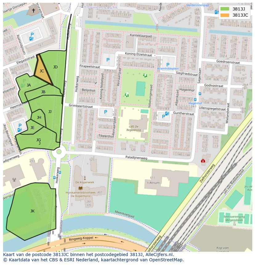 Afbeelding van het postcodegebied 3813 JC op de kaart.