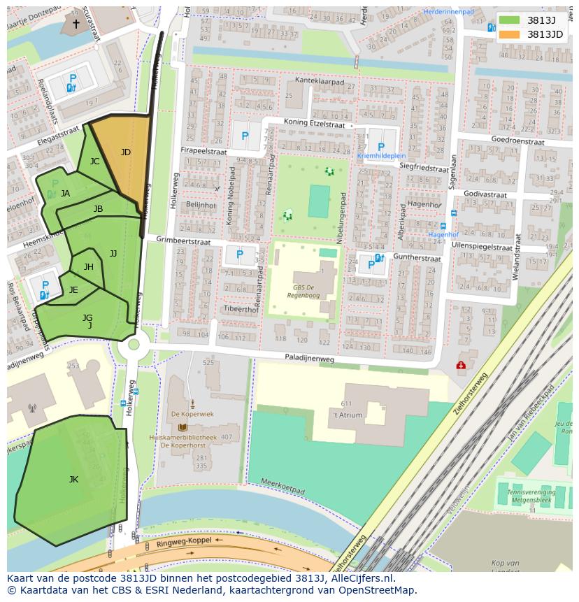 Afbeelding van het postcodegebied 3813 JD op de kaart.