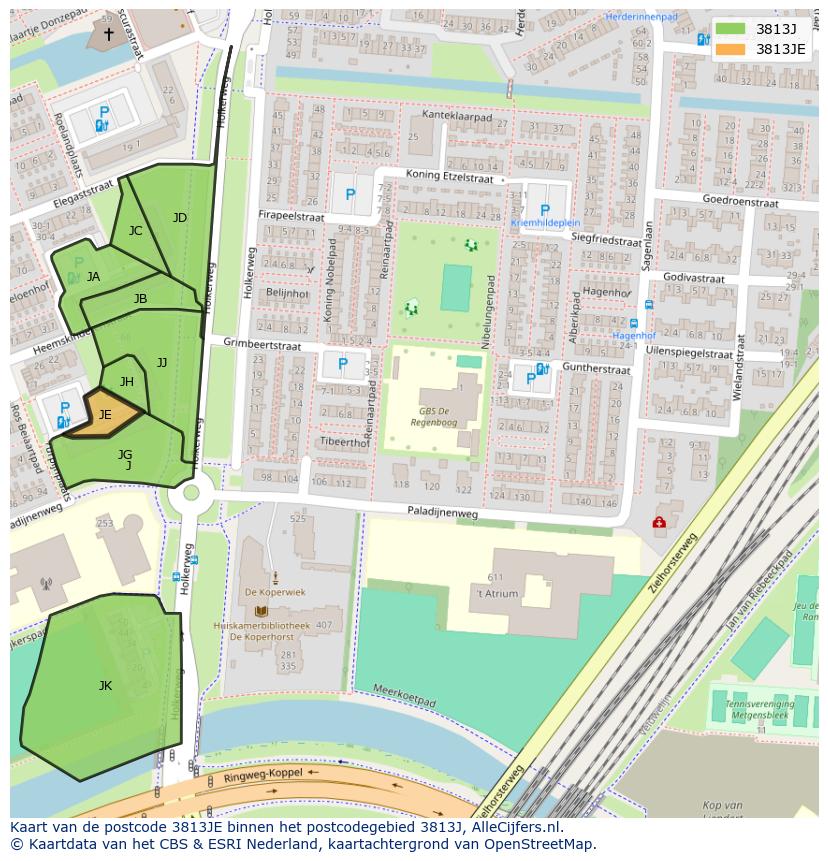 Afbeelding van het postcodegebied 3813 JE op de kaart.