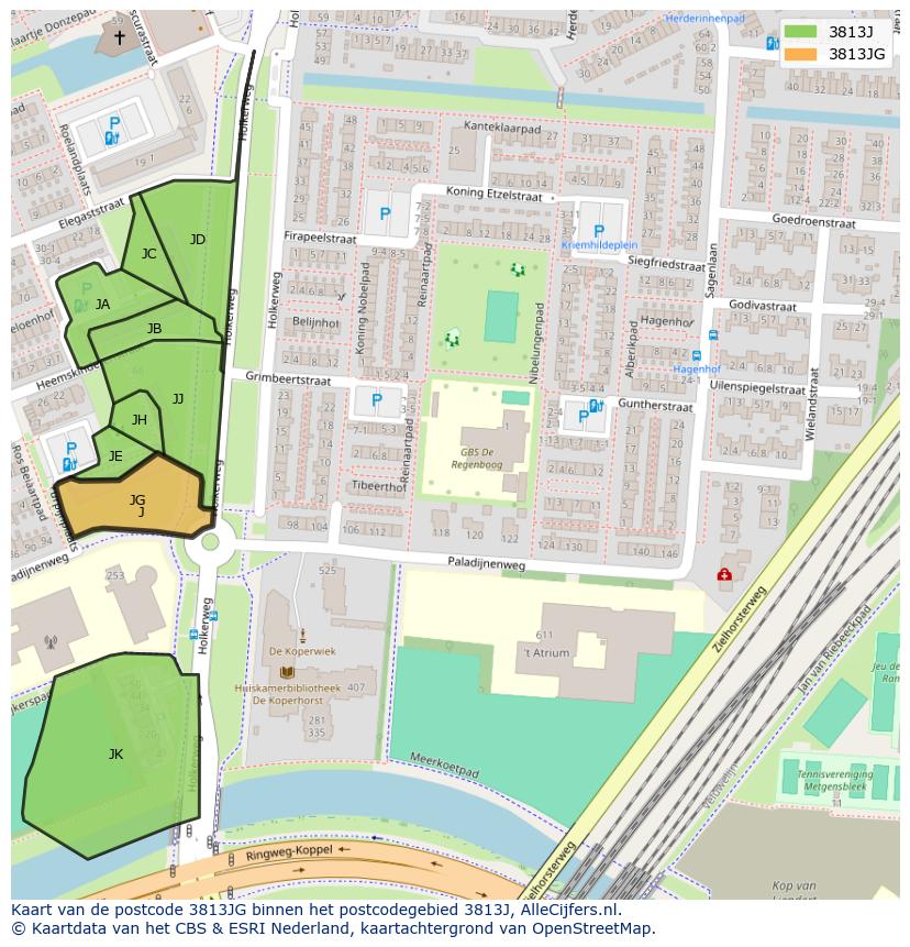 Afbeelding van het postcodegebied 3813 JG op de kaart.