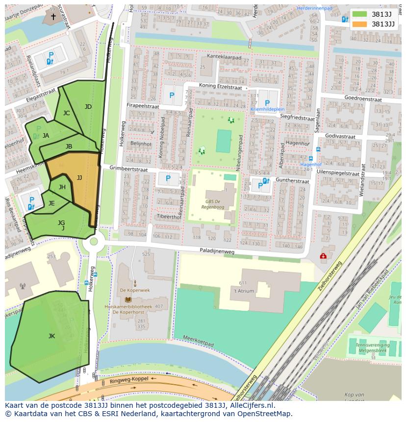 Afbeelding van het postcodegebied 3813 JJ op de kaart.
