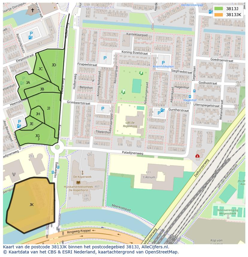 Afbeelding van het postcodegebied 3813 JK op de kaart.