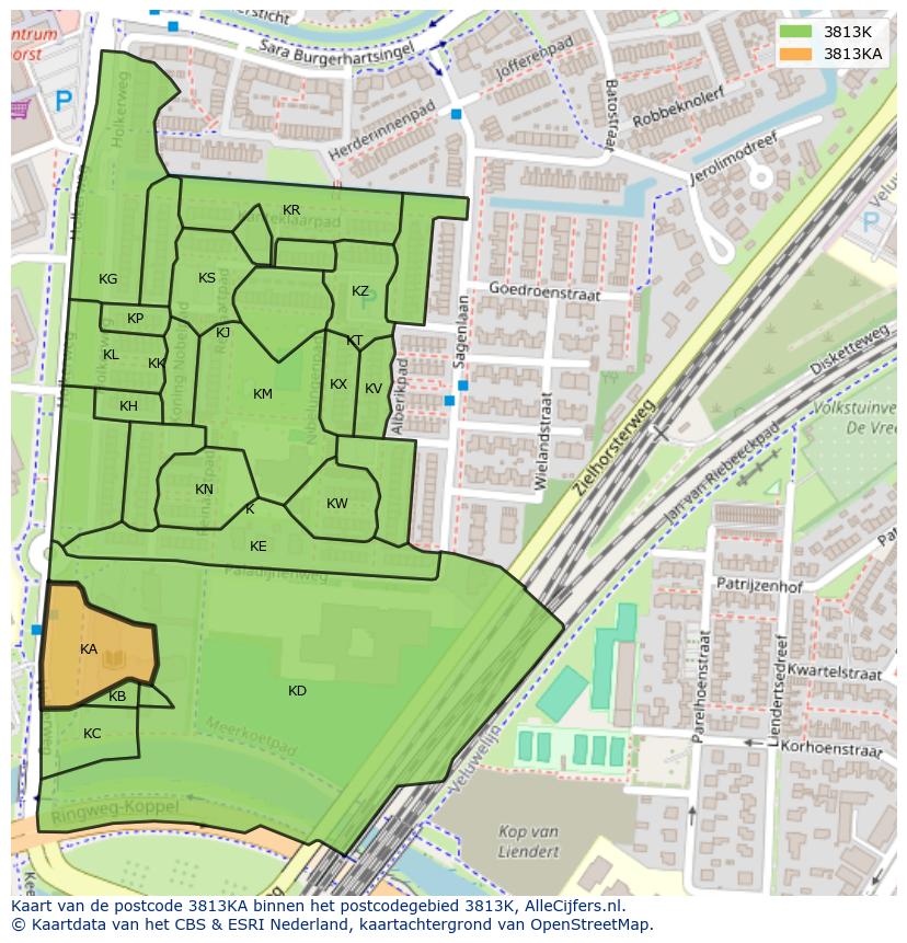 Afbeelding van het postcodegebied 3813 KA op de kaart.