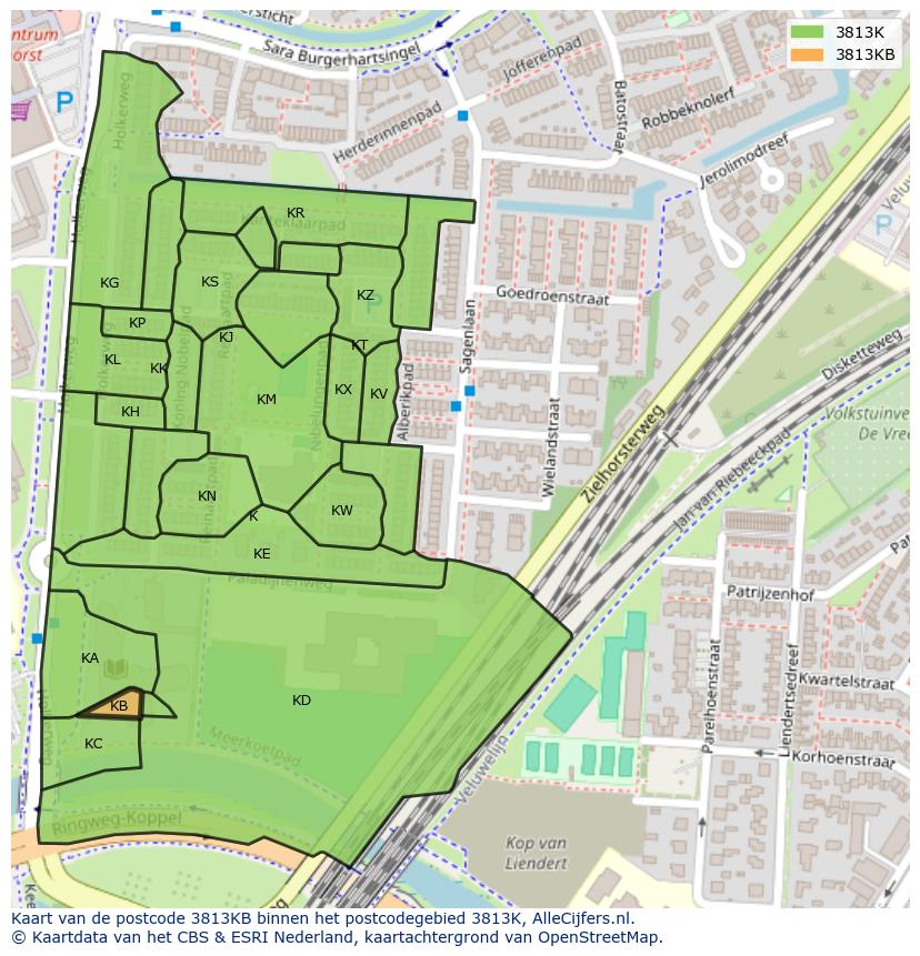 Afbeelding van het postcodegebied 3813 KB op de kaart.