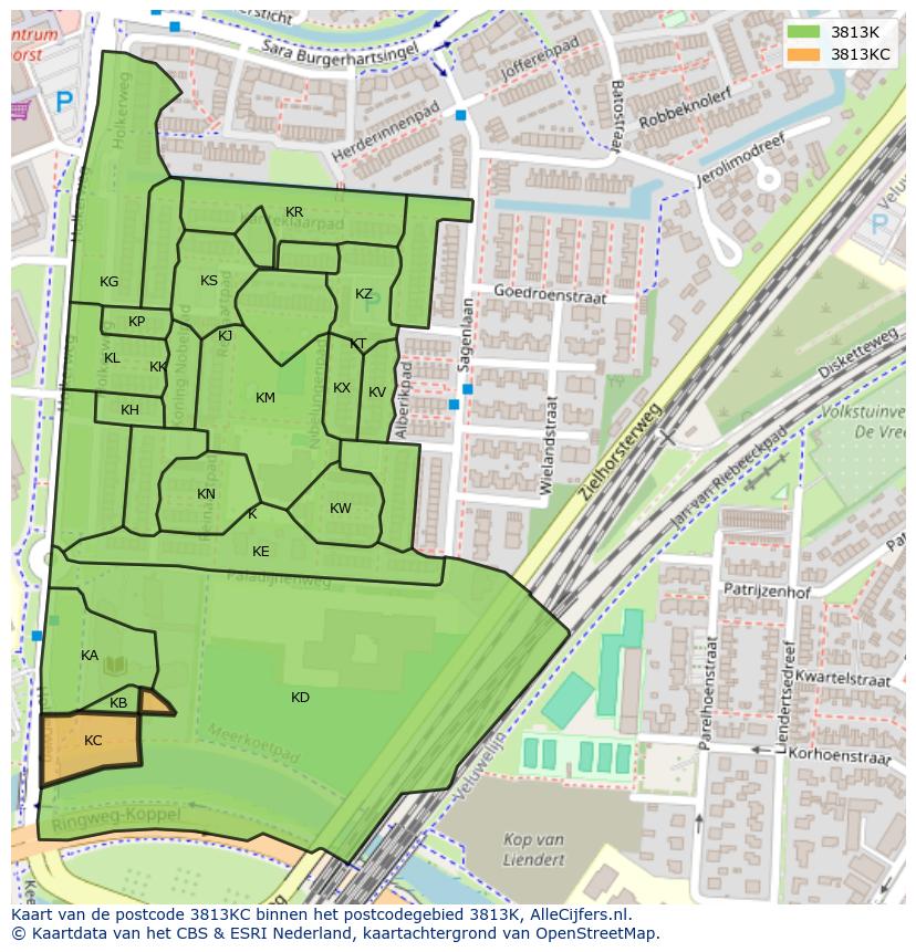 Afbeelding van het postcodegebied 3813 KC op de kaart.