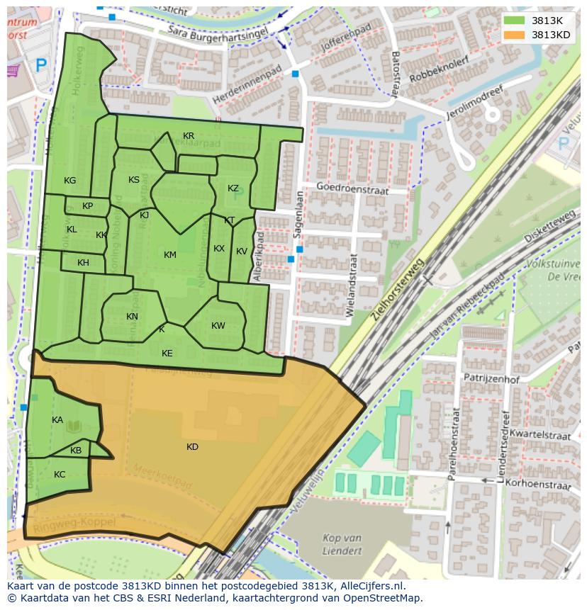 Afbeelding van het postcodegebied 3813 KD op de kaart.
