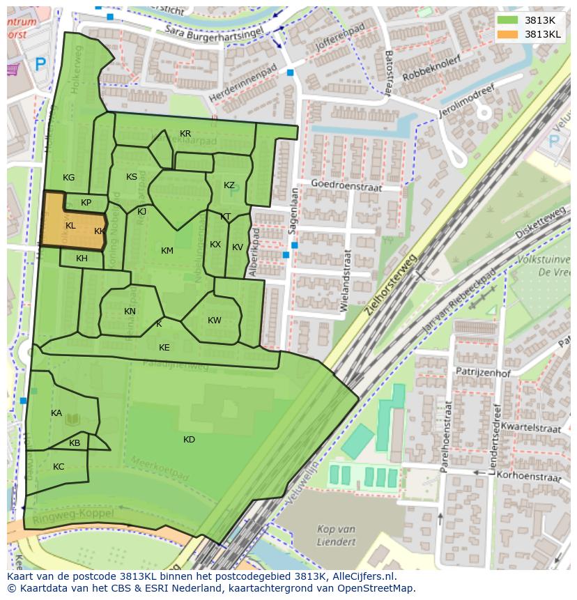 Afbeelding van het postcodegebied 3813 KL op de kaart.
