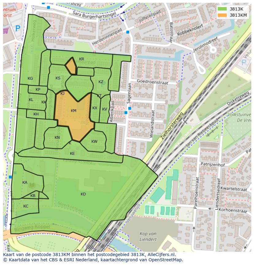 Afbeelding van het postcodegebied 3813 KM op de kaart.