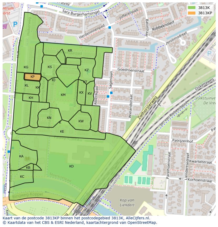 Afbeelding van het postcodegebied 3813 KP op de kaart.