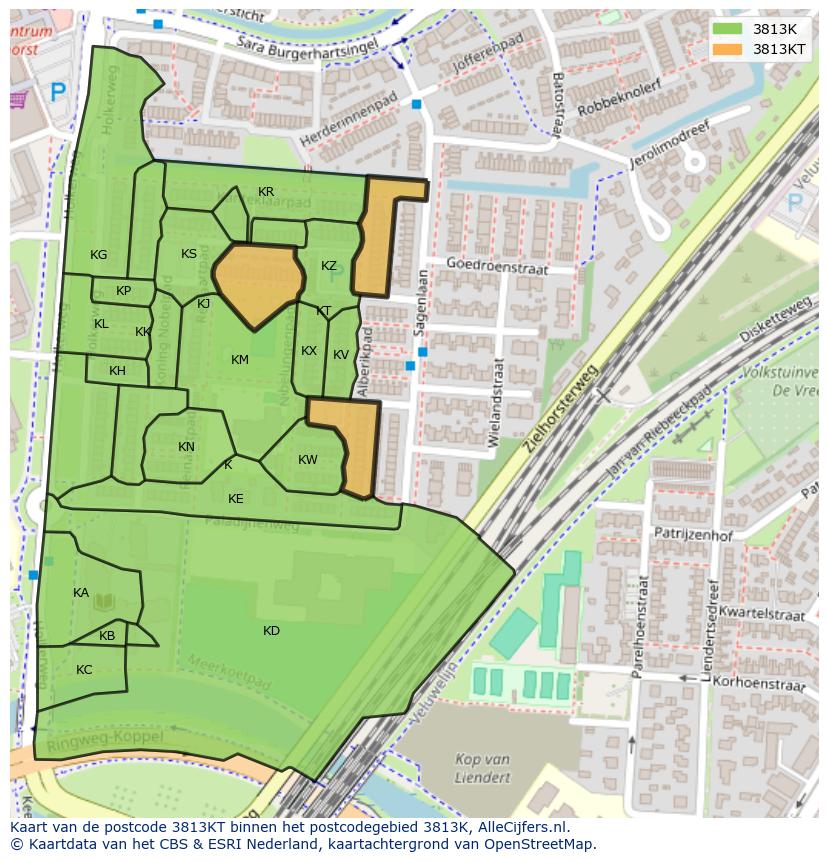Afbeelding van het postcodegebied 3813 KT op de kaart.