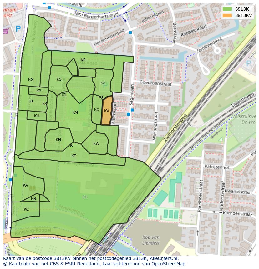 Afbeelding van het postcodegebied 3813 KV op de kaart.
