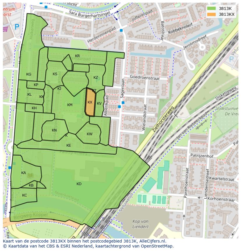 Afbeelding van het postcodegebied 3813 KX op de kaart.