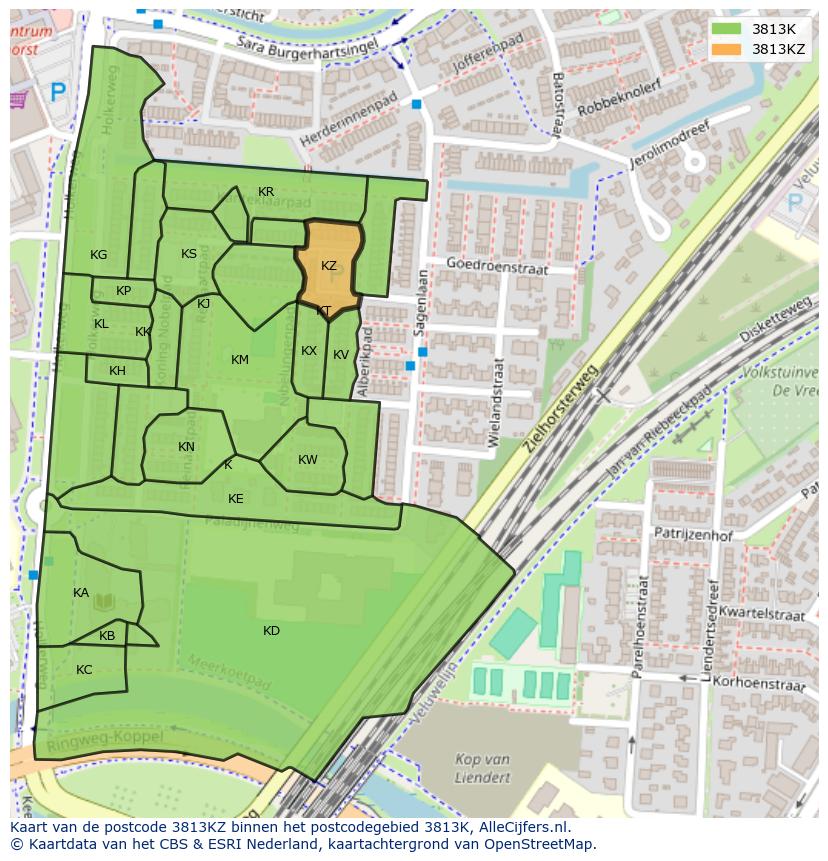 Afbeelding van het postcodegebied 3813 KZ op de kaart.