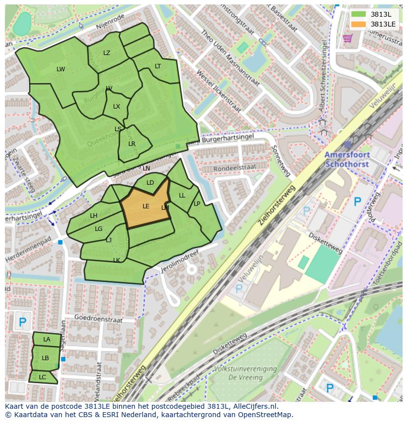 Afbeelding van het postcodegebied 3813 LE op de kaart.