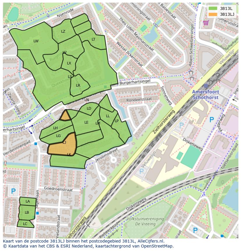 Afbeelding van het postcodegebied 3813 LJ op de kaart.