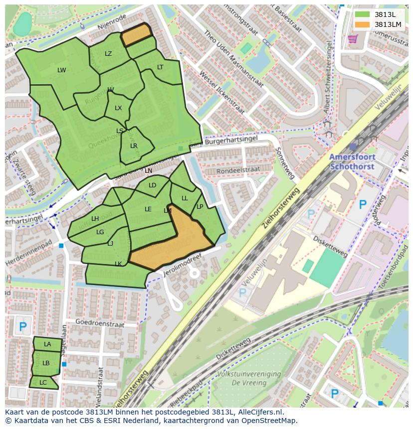 Afbeelding van het postcodegebied 3813 LM op de kaart.