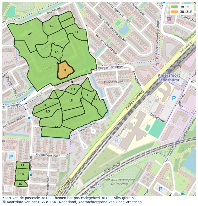 Afbeelding van het postcodegebied 3813 LR op de kaart.