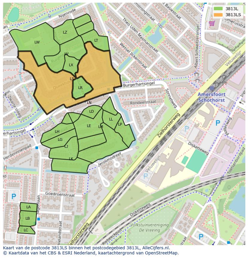 Afbeelding van het postcodegebied 3813 LS op de kaart.