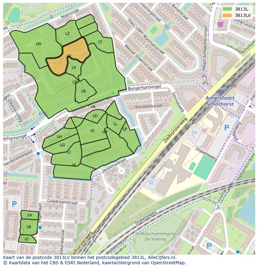 Afbeelding van het postcodegebied 3813 LV op de kaart.