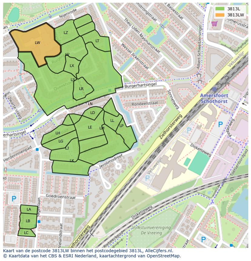 Afbeelding van het postcodegebied 3813 LW op de kaart.