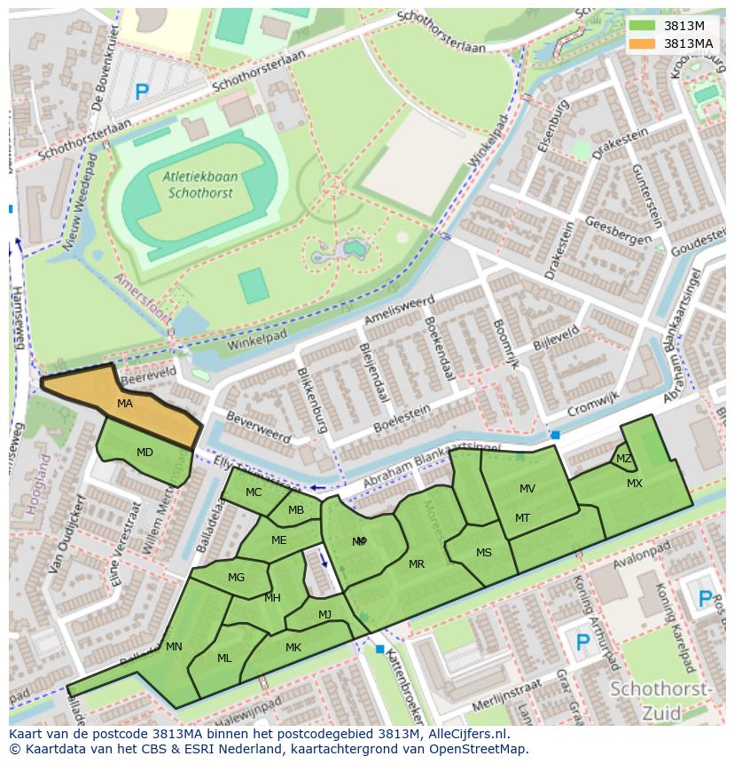 Afbeelding van het postcodegebied 3813 MA op de kaart.