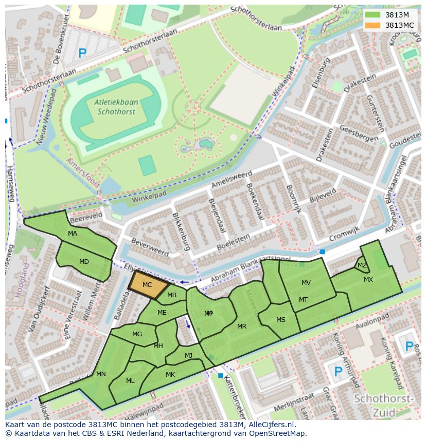Afbeelding van het postcodegebied 3813 MC op de kaart.
