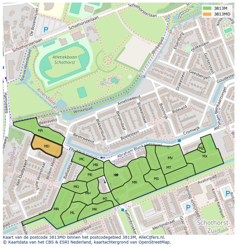 Afbeelding van het postcodegebied 3813 MD op de kaart.