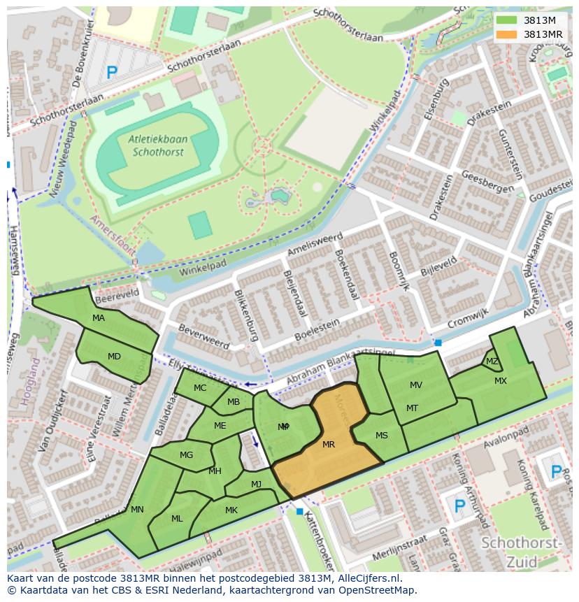 Afbeelding van het postcodegebied 3813 MR op de kaart.