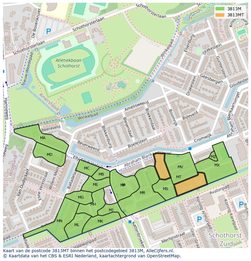 Afbeelding van het postcodegebied 3813 MT op de kaart.