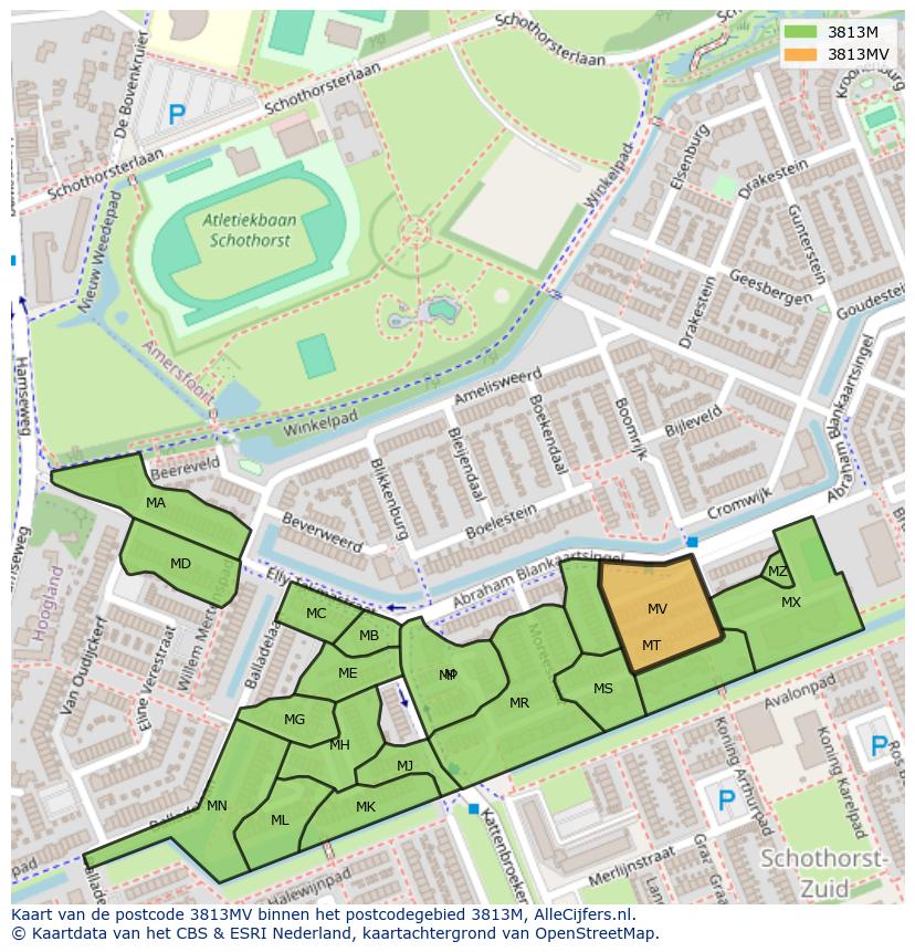 Afbeelding van het postcodegebied 3813 MV op de kaart.