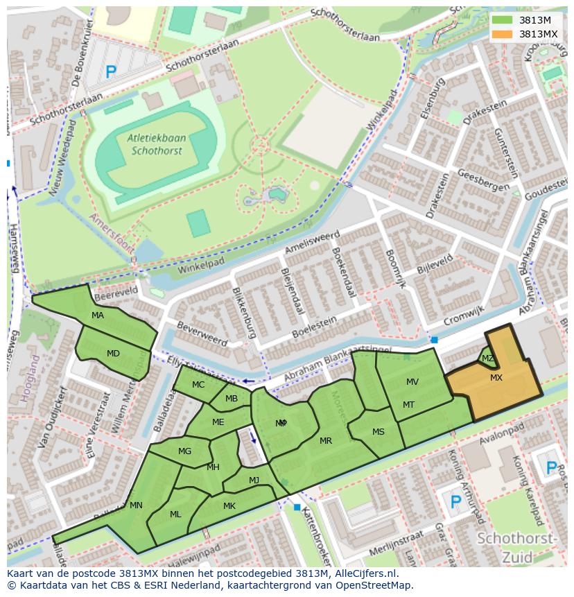 Afbeelding van het postcodegebied 3813 MX op de kaart.