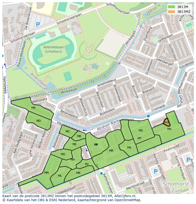 Afbeelding van het postcodegebied 3813 MZ op de kaart.