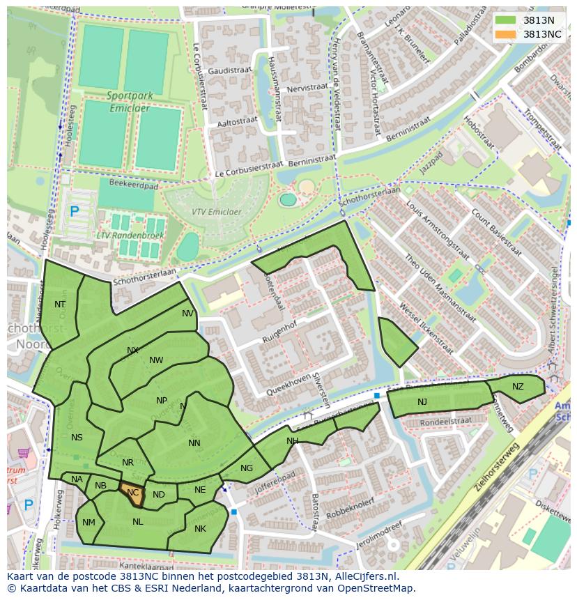 Afbeelding van het postcodegebied 3813 NC op de kaart.
