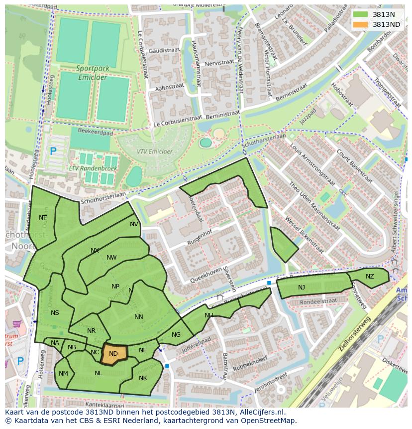 Afbeelding van het postcodegebied 3813 ND op de kaart.