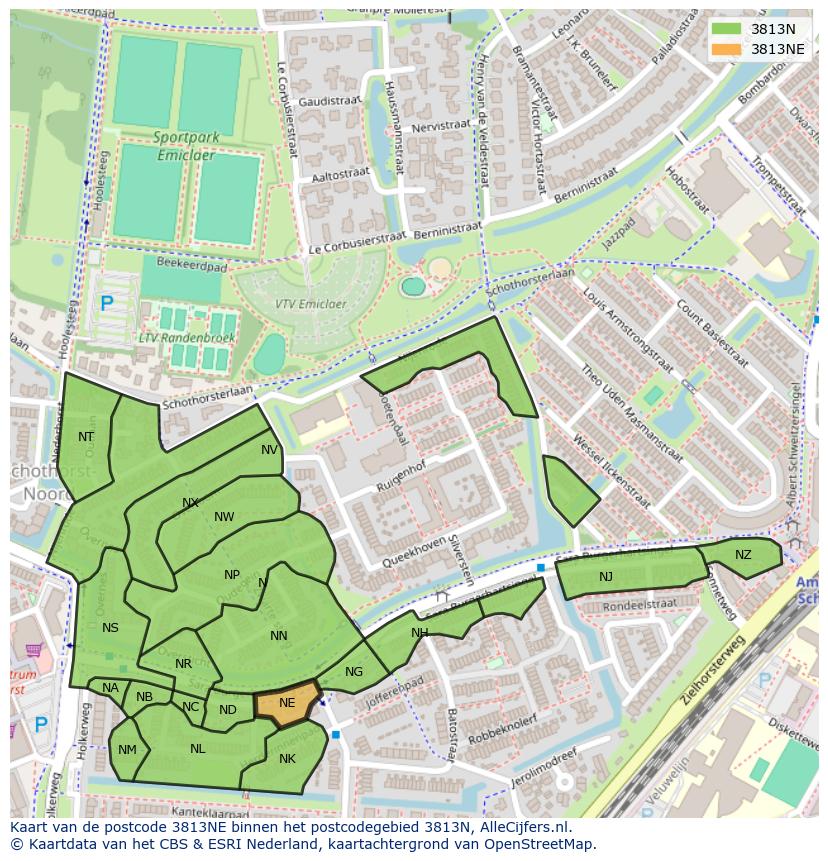 Afbeelding van het postcodegebied 3813 NE op de kaart.