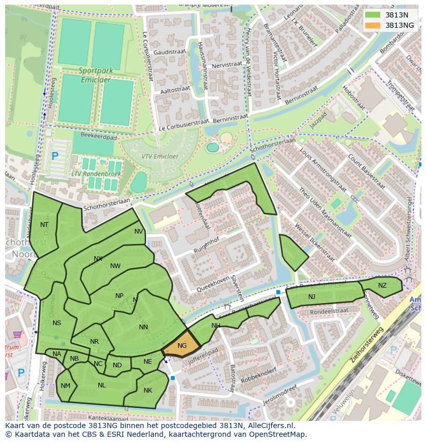 Afbeelding van het postcodegebied 3813 NG op de kaart.
