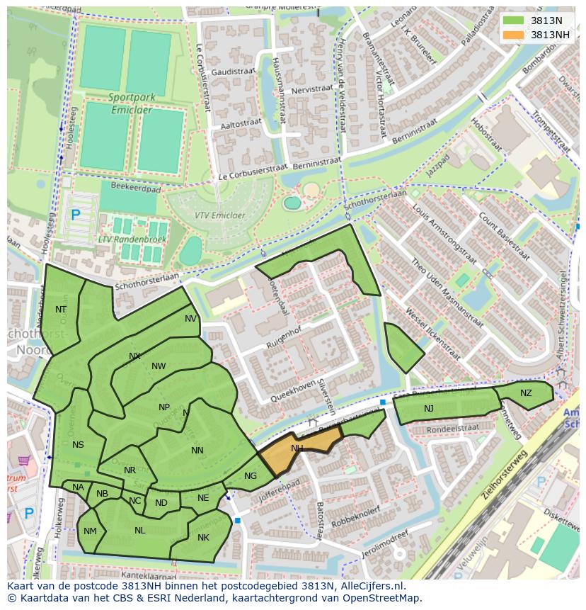 Afbeelding van het postcodegebied 3813 NH op de kaart.