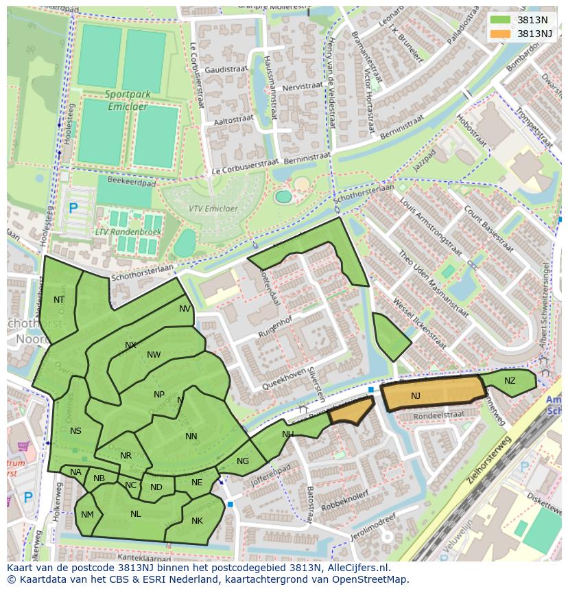 Afbeelding van het postcodegebied 3813 NJ op de kaart.