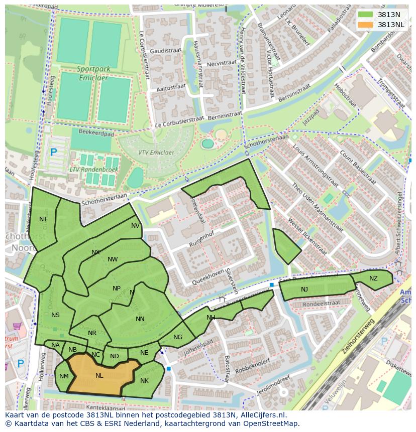 Afbeelding van het postcodegebied 3813 NL op de kaart.