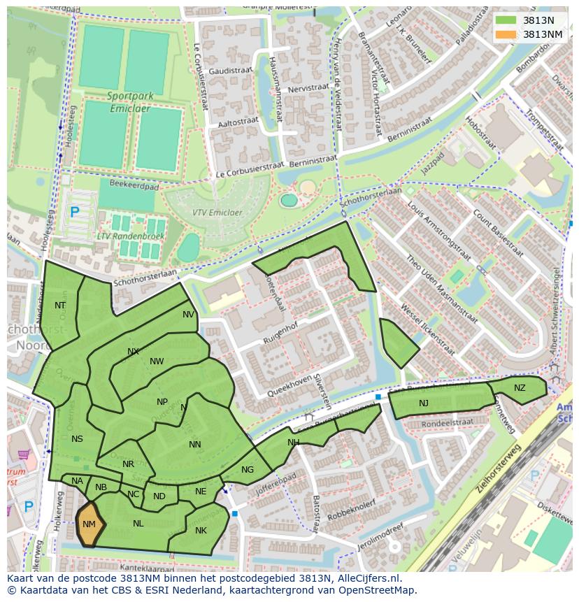 Afbeelding van het postcodegebied 3813 NM op de kaart.
