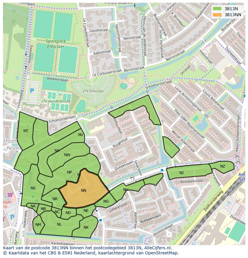 Afbeelding van het postcodegebied 3813 NN op de kaart.